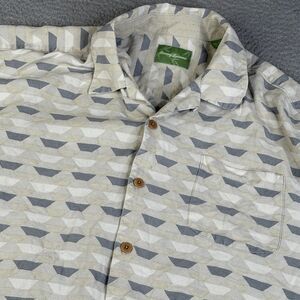 TOMMY BAHAMA Shirt Mens XXL Gray Beige 100% Silk Button Front Pocket Textured